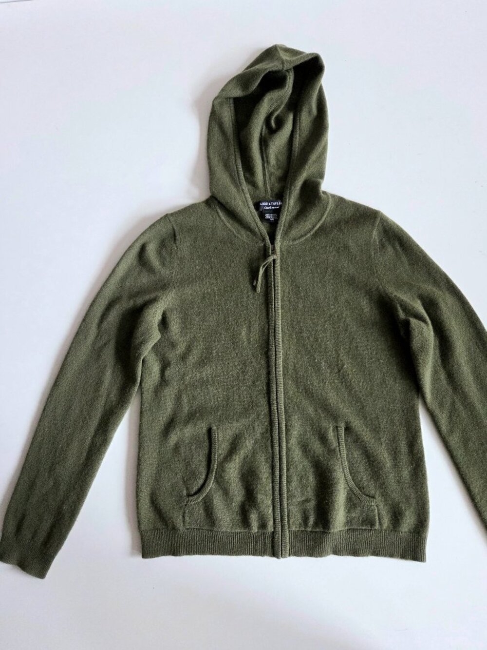 Lord & Taylor Cashmere Olive Green 100% Cashmere Cardigan with Hood